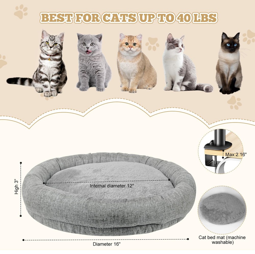 Cat Bed - with 360 Rotation & Adjustable Height - Soft & Comfortable - Indoor