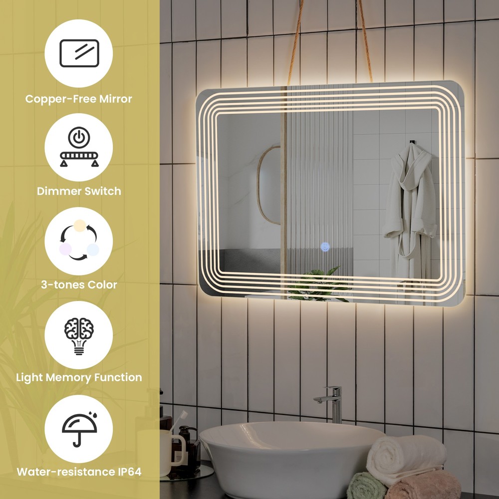 Rectangle Bathroom LED Mirror Wall Mounted 3-Color Dimmable Touch Switch Makeup