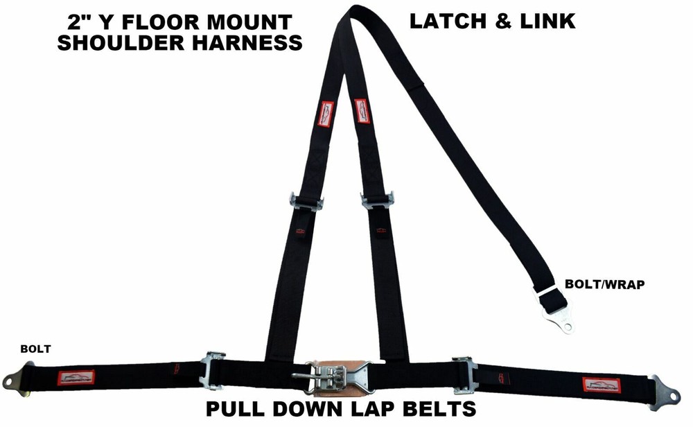 2" LATCH & LINK Y FLOOR MOUNT HARNESS. 3 POINT BUGGY BELT PULL DOWN LAPS BLACK