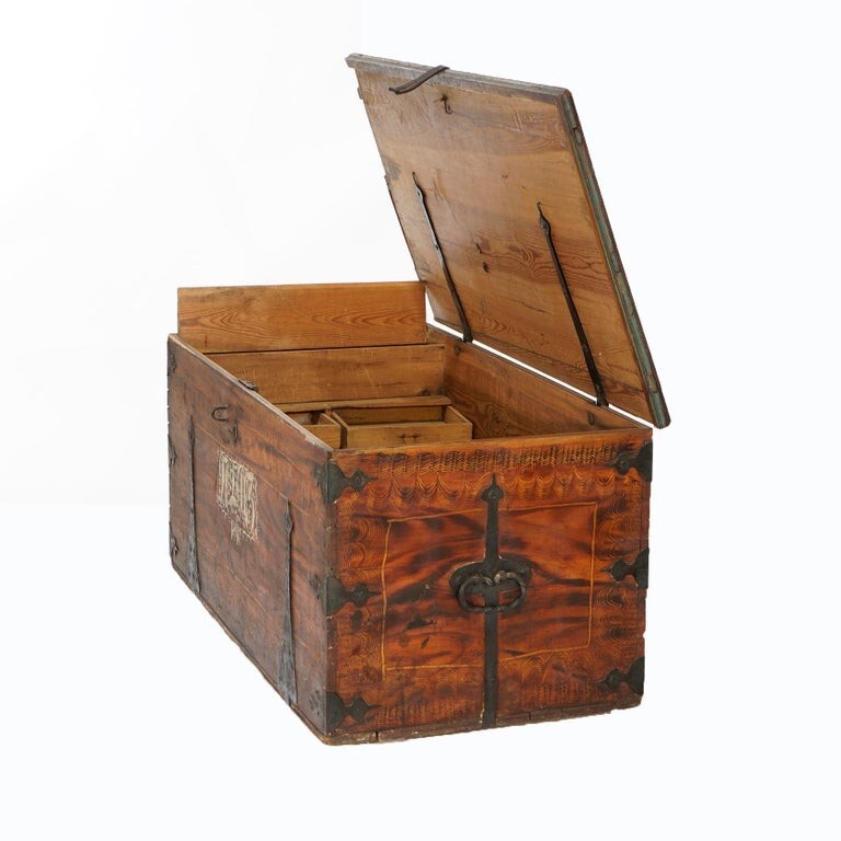 Folk Art Grain Painted Blanket Chest with Strap Hinges, Dated 1846
