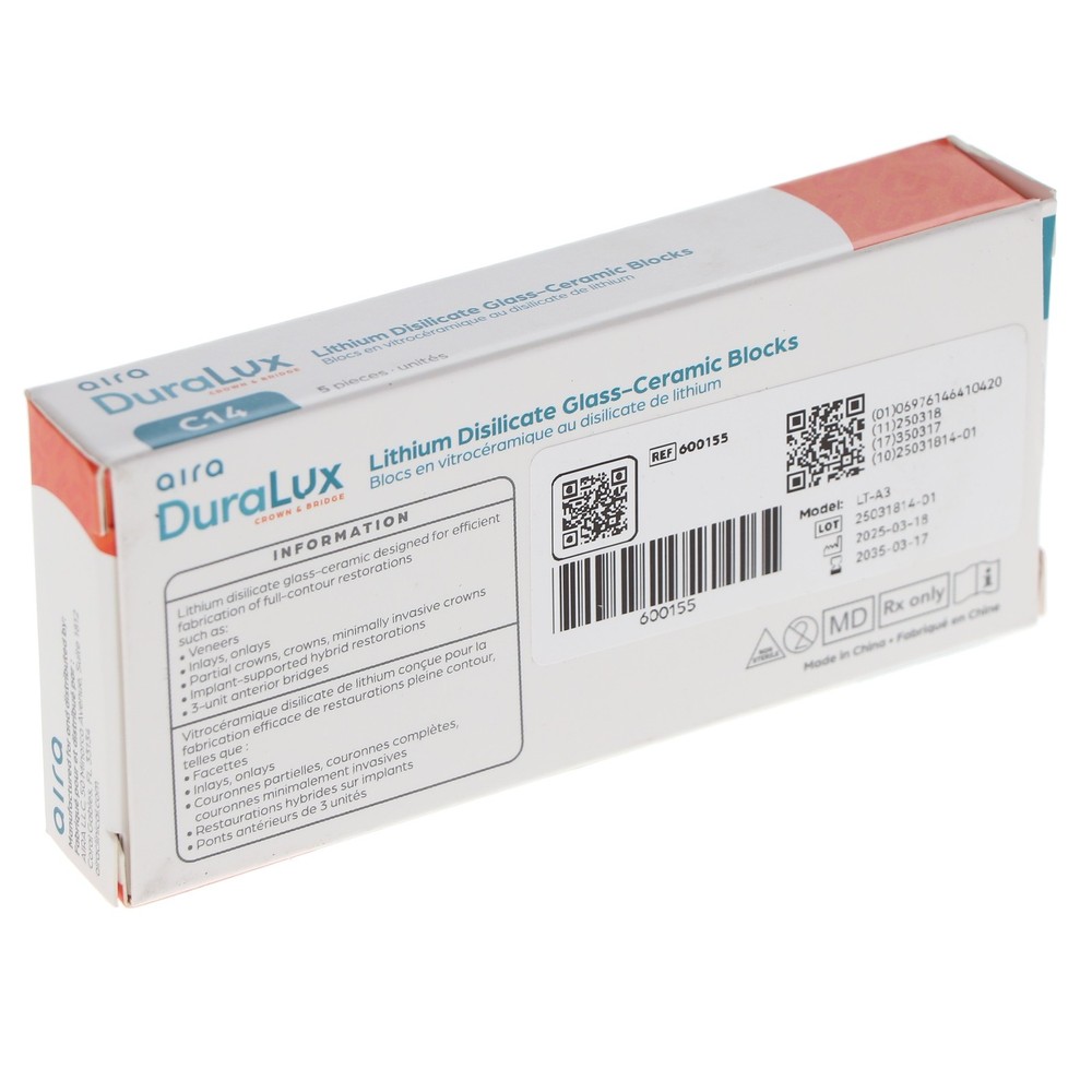 Aira 600155 DuraLux IPS e.max Type Blocks CAD LT C14 A3 5/Pk