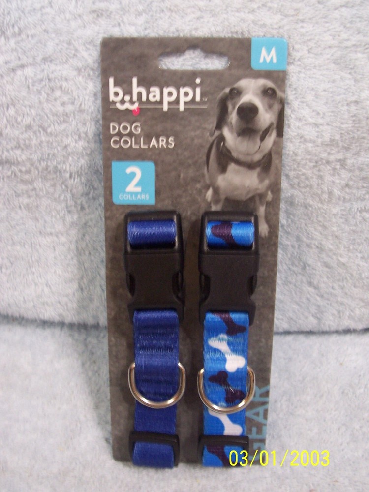 B Happi Dog Collars - Solid Blue & Blue With Bones Medium