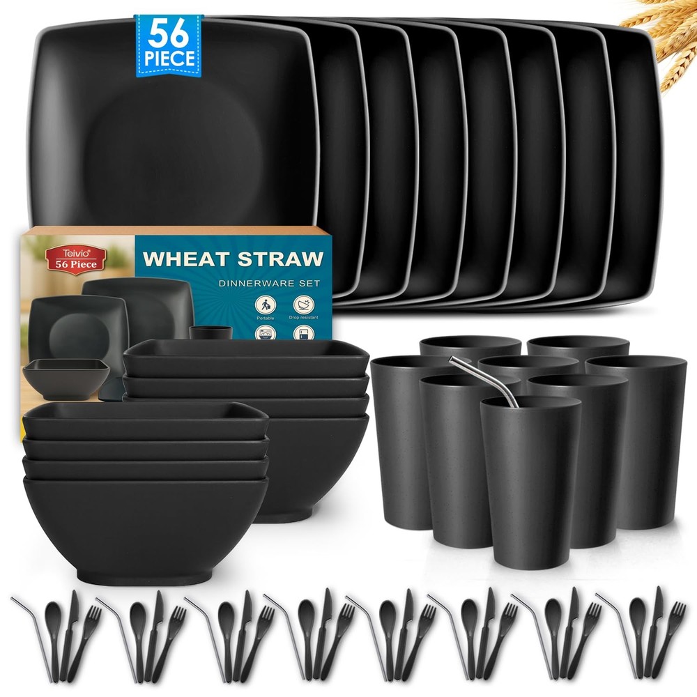 56-piece With Flatware Kitchen Plastic Wheat Straw Square Dinnerware Set for ...