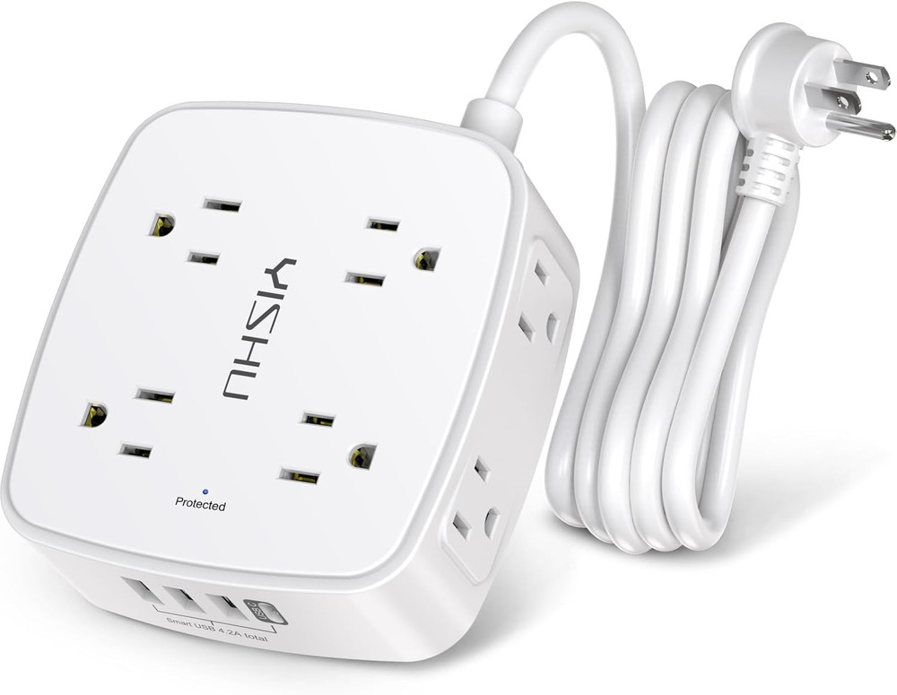6FT Power Strip Surge Protector, 8 Outlets 4 USB, Flat Plug, Wall Mount, White