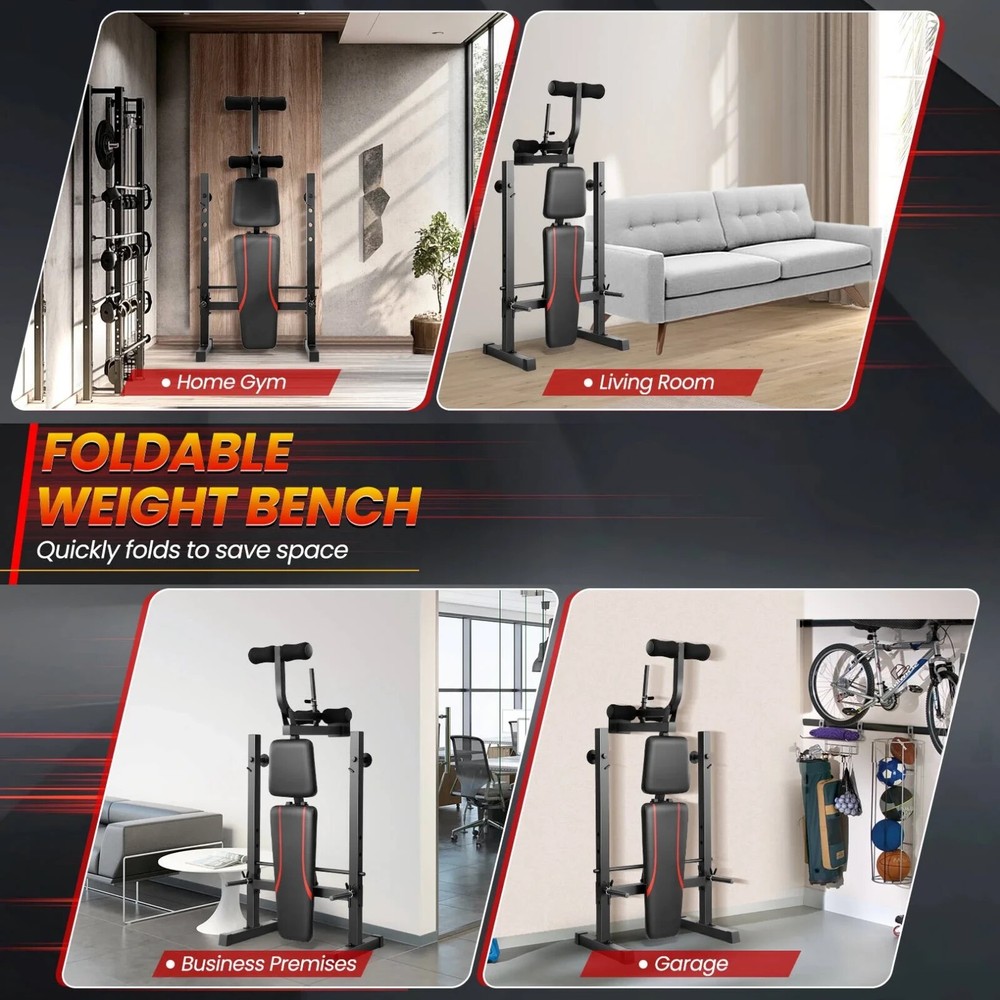 Adjustable Weight Bench Set with Squat Rack Foldable Flat Incline Decline