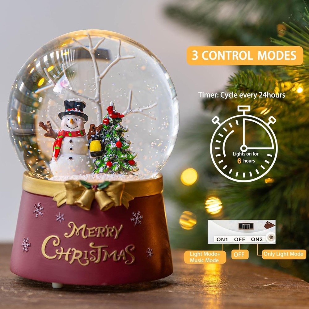 Lighted Musical Snowman Snow Globe 7 Inch Water Lantern with Timer Function