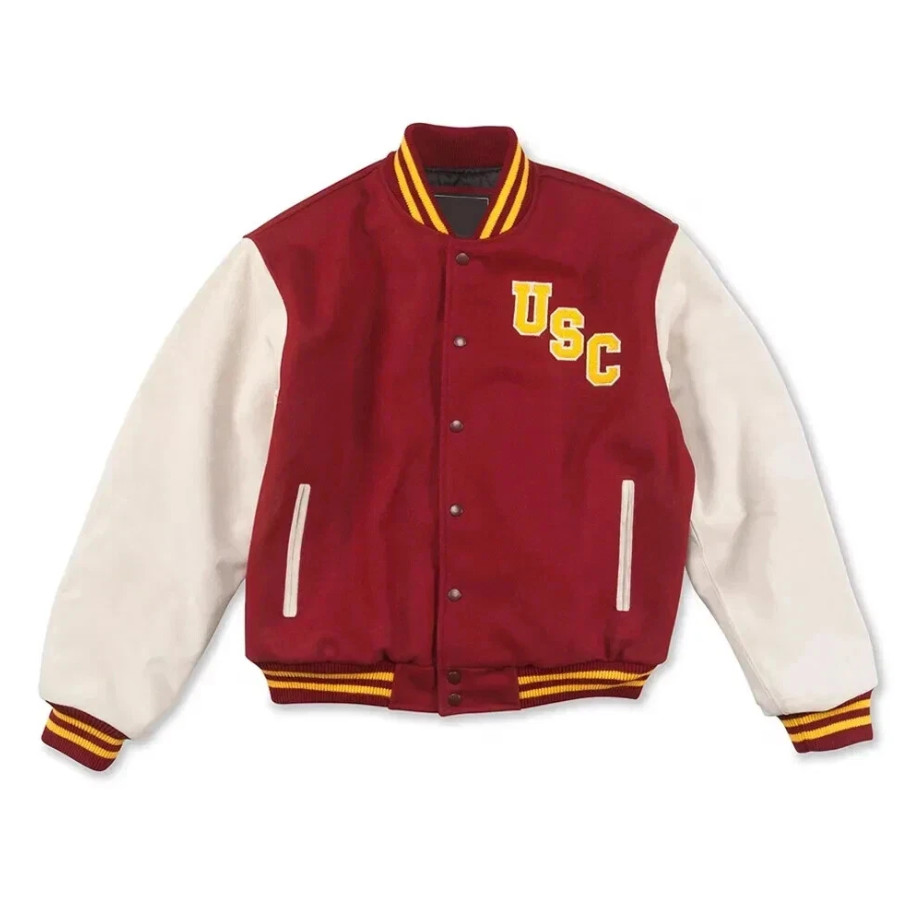 USC Trojans Maroon Wool and White Leather Letterman Varsity Jacket