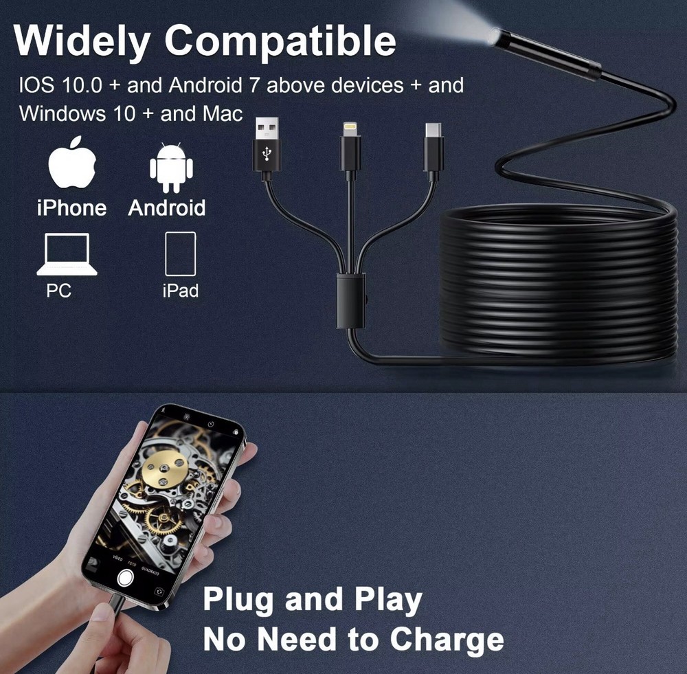 Endoscope Camera with Light for iPhone and Android, 16.5ft Semi-Rigid Snake