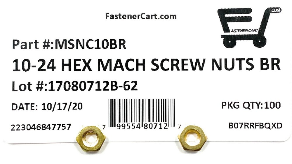 (100) 10-24 Brass Machine Screw Hex Nuts - Solid Brass (100 Pieces)Free Shipping