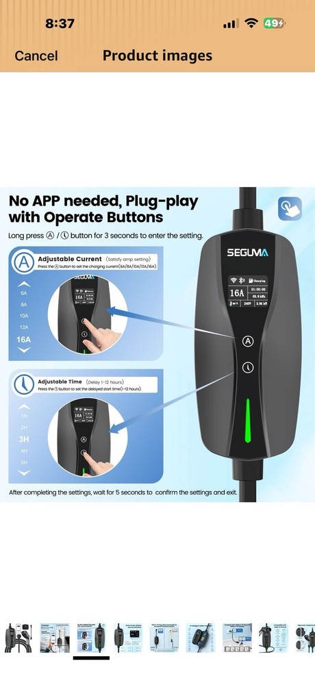 Level 1/2 EV Charger, 16Amp Adjustable Current Wi-Fi/App Control, UL