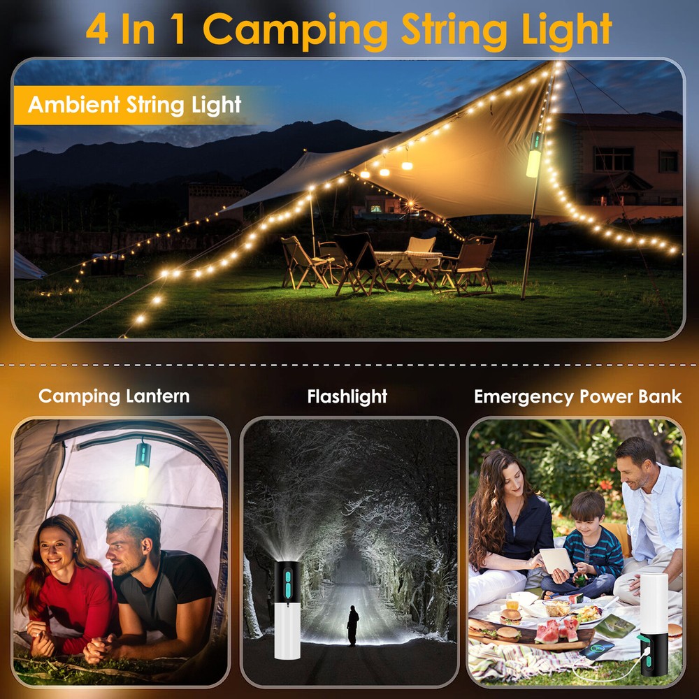 4 In 1 Rechargeable Camping String Light Waterproof Camping Lantern Flashlight