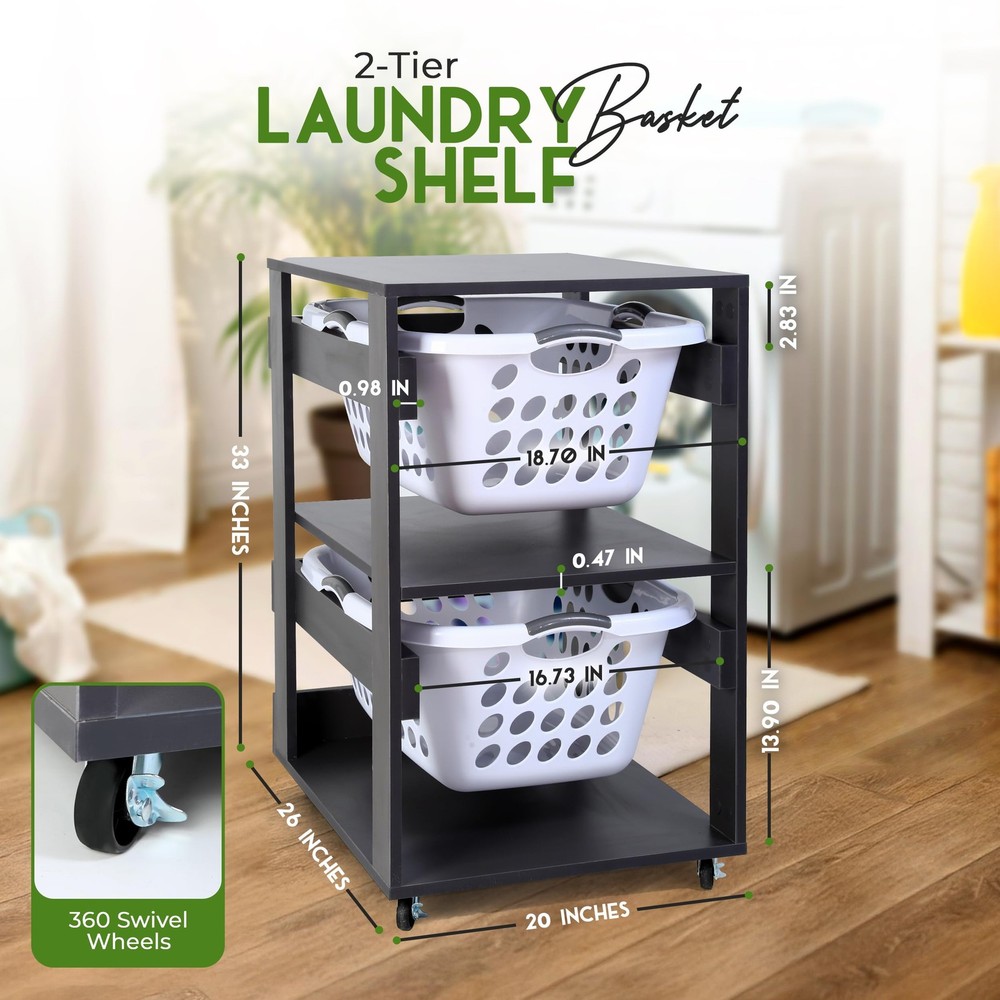 Laundry Basket Holder Shelf (2-Tier) - Stackable Engineered Wood Laundry Towe...