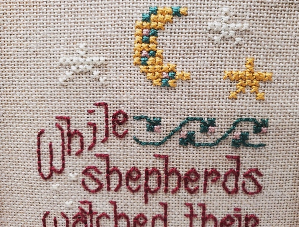 Custom Framed Completed Finished Cross Stitch Picture SHEPHERD & SHEEP Button (K