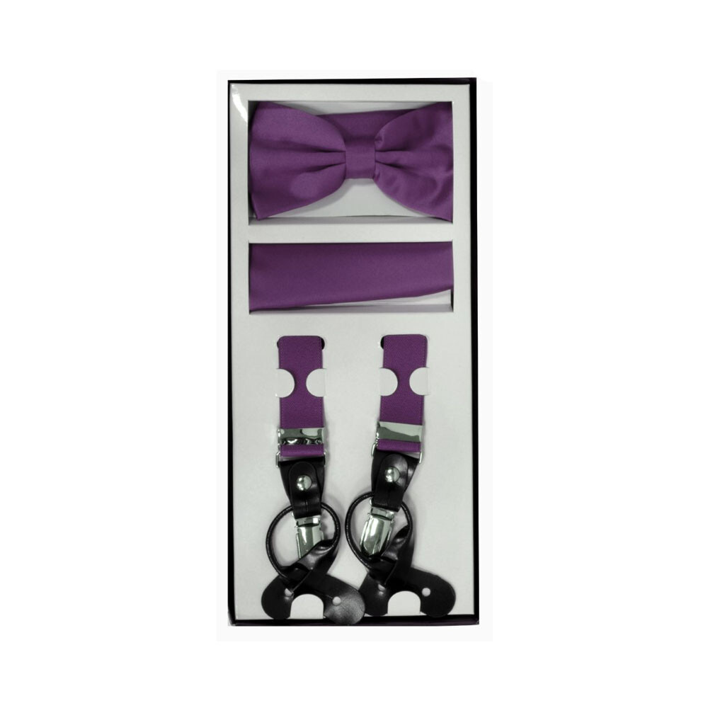 New Men's Convertible Elastic Strap Suspender_Bowtie Hankie Eggplant formal