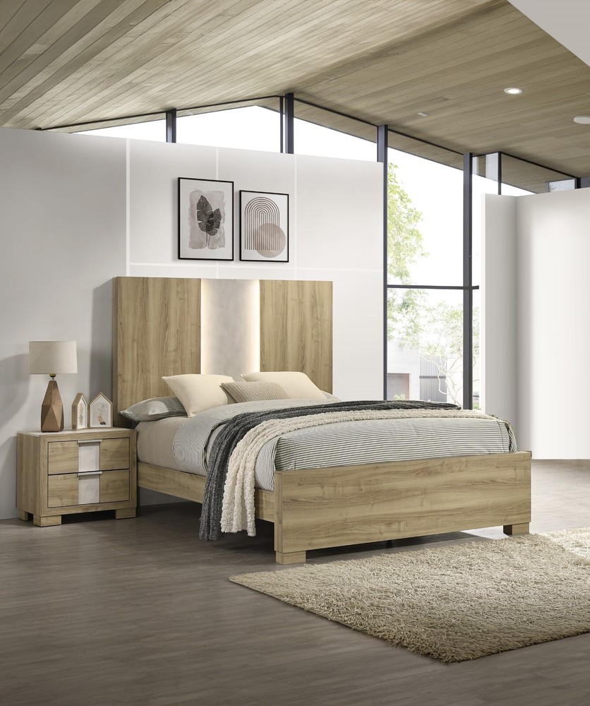 3Pc Driftwood Finish King LED Light Integrated Panel Bed 2x Nightstands Set