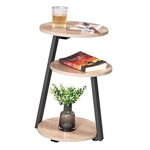 Round End Table Side Table with Metal Frame, Accent Table Nightstand Greige