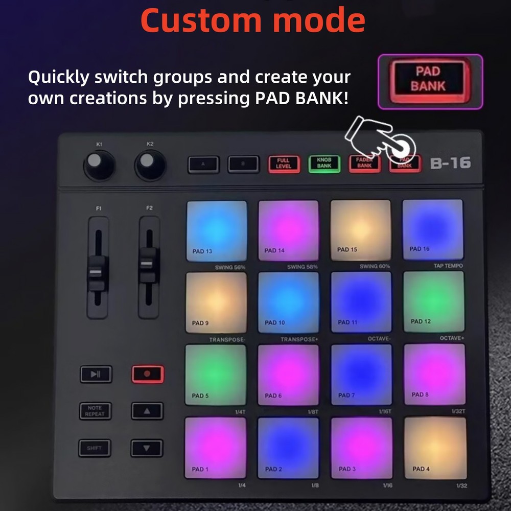 1* USB MIDI Controller Beat Maker 16 Beat Pads 2 Fader Knobs Drum Machine
