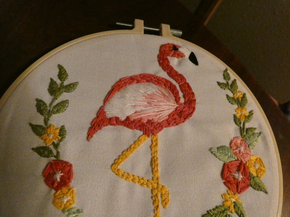 Flamingo Hand Embroidered Panel Vintage