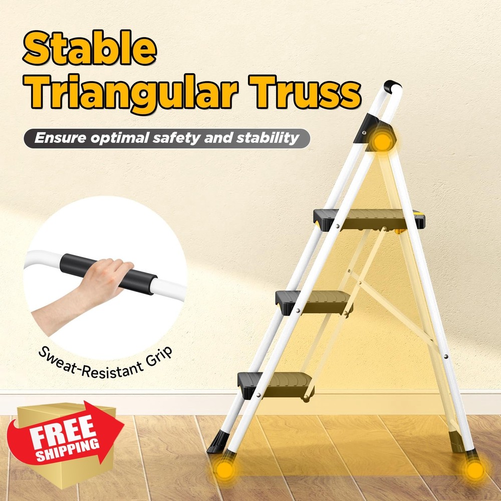 Urackify 3 Step Ladder, Folding Steel Step Stool w/Handrail