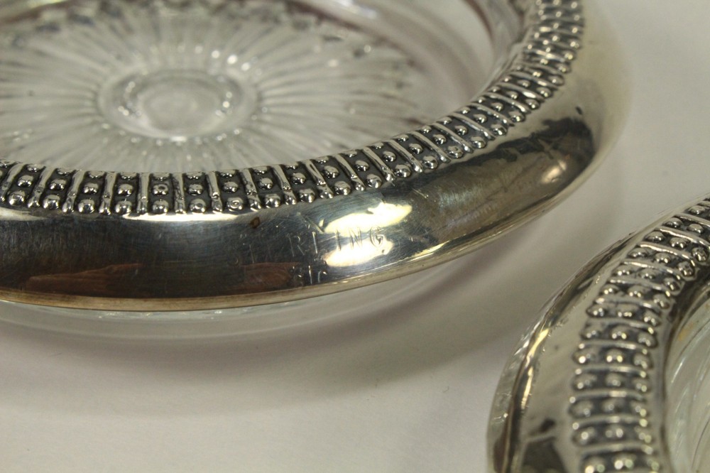 = Set of 3 Sterling Silver & Clear Glass Coasters Sunburst Pattern