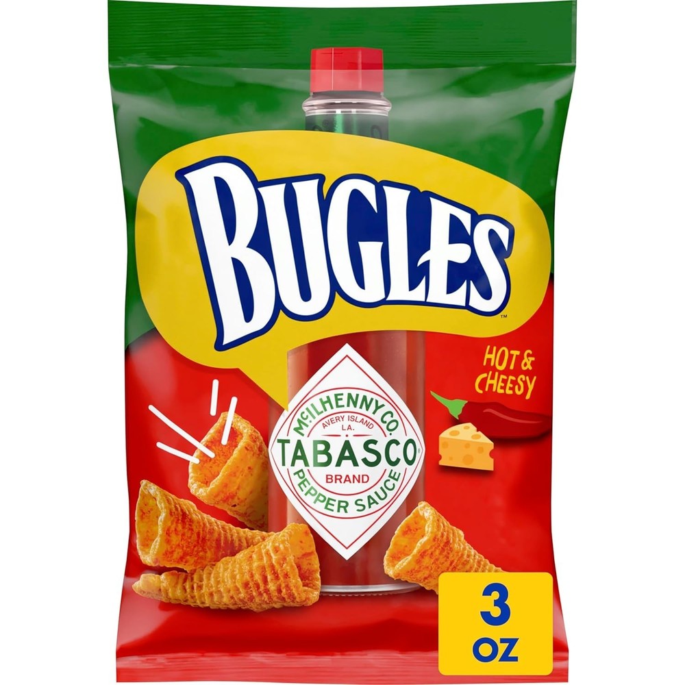 Full Box 6x Bags Bugles Tabasco Crispy Corn Snacks - 3oz Each