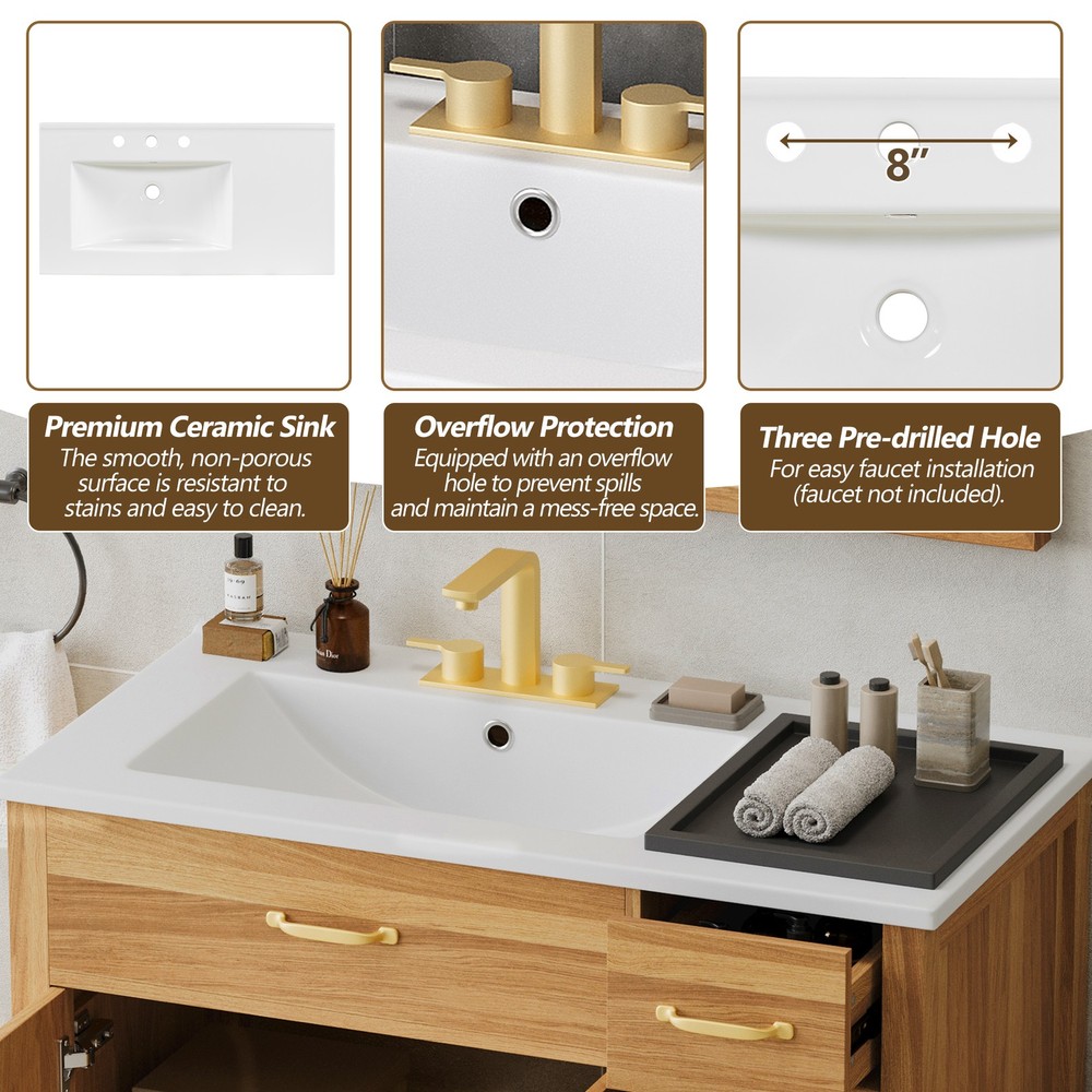 36" Wood Bathroom Vanity with Solid Wood Frame, 2 Soft Close Doors, 3 Soft Clo