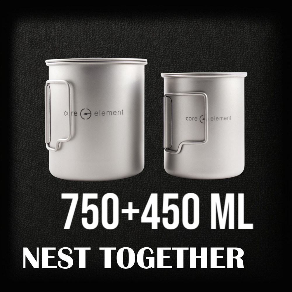 2-PACK 100% Titanium Nesting Cookware Set Mug 15oz 450ml + 25oz 750ml Cup Mug
