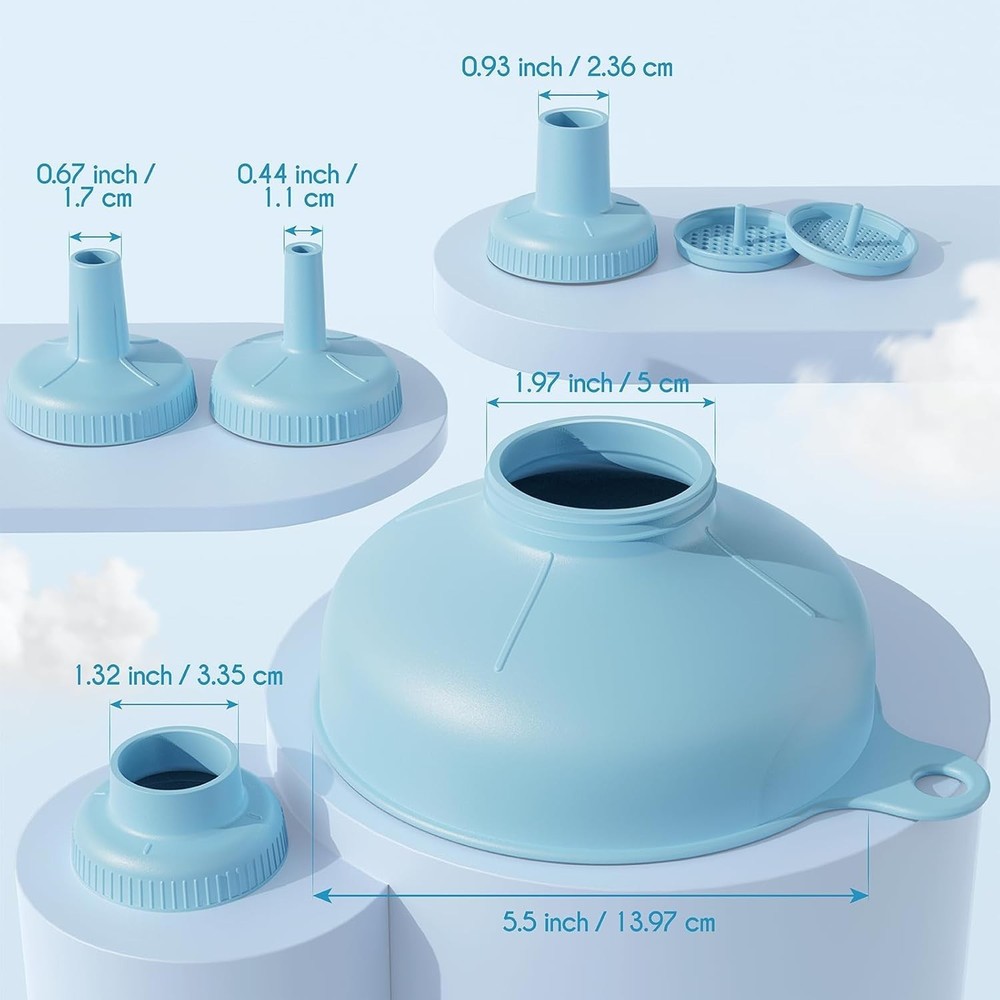 Heat-Resistant Kitchen Funnel with 5 Interchangeable Spouts & Strainers – Blue