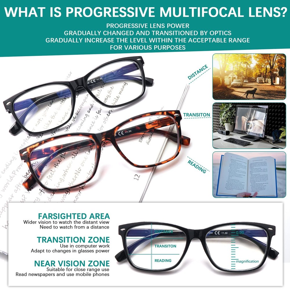 VIDEBLA 3 Pack Progressive Multifocus Reading Glasses One Size, 3 Mix Color