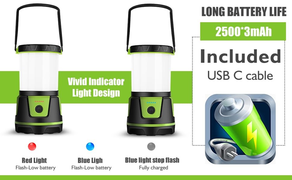 Rechargeable Camping Lantern 3000 Lumens – LED Flashlight with 5 Modes, Green