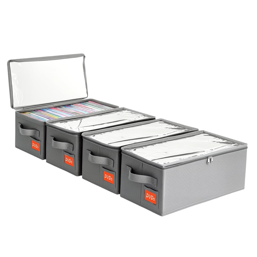 4 PCS Gray DVD Storage Box Case Clear PVC Lid Shelf Organizer Stackable