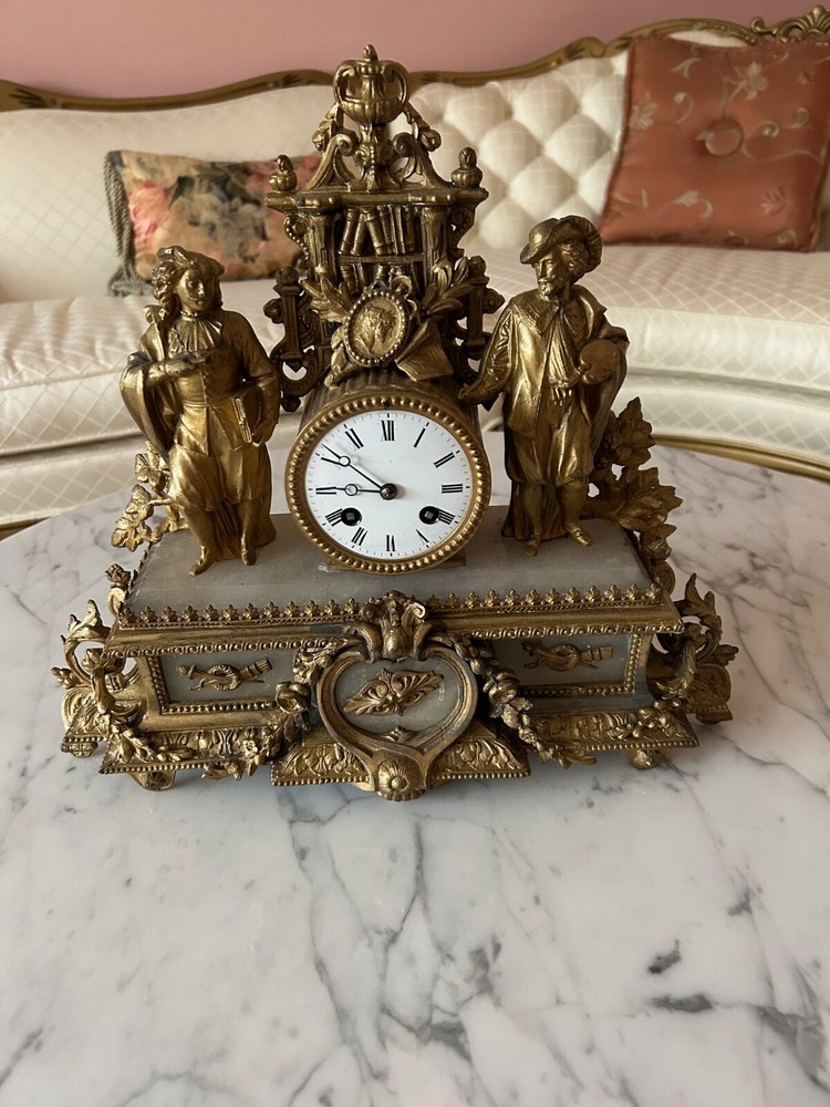 French Romantic Gilded Table clock double statue painter poet alabaster base