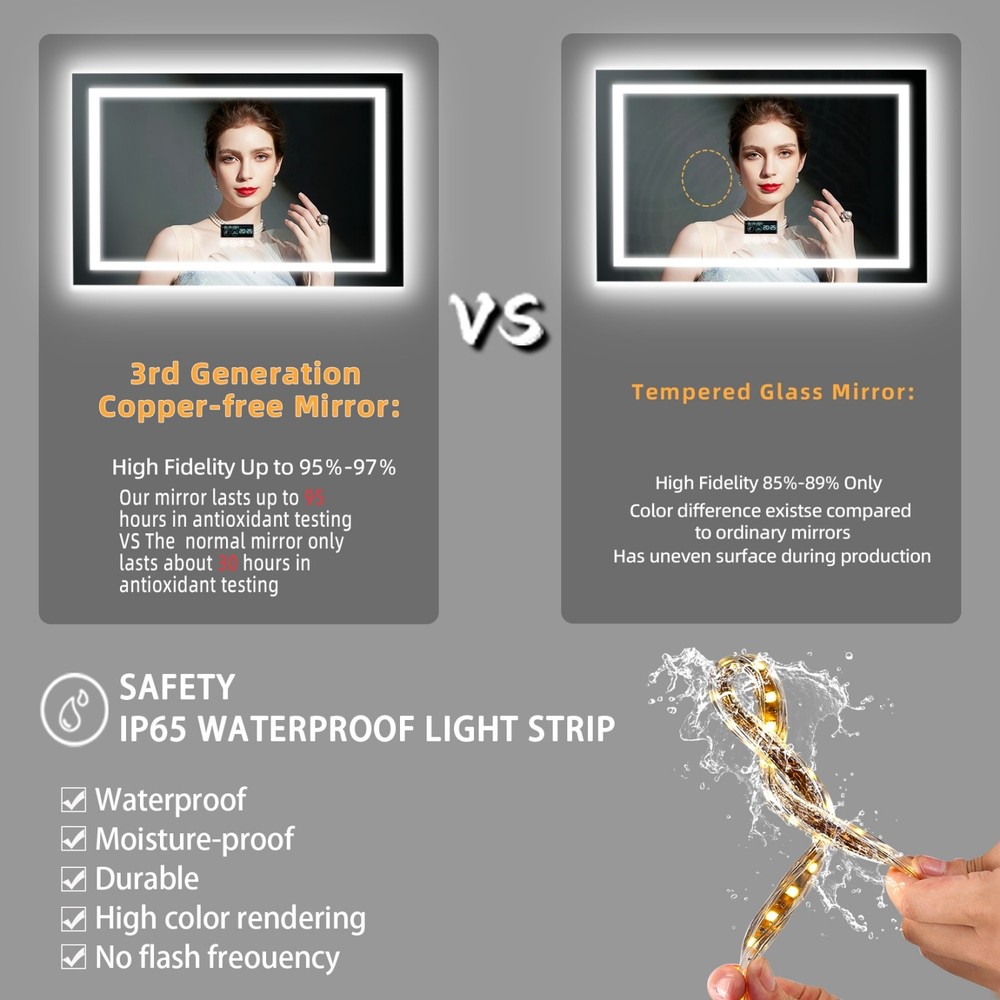 40'' LED Bathroom Mirror Bluetooth Speaker Antifog Digital Display Vanity Mirror