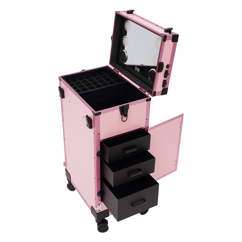 Rolling Makeup Case With Mirror Light Bluetooth Speaker Black Pink Lockable
