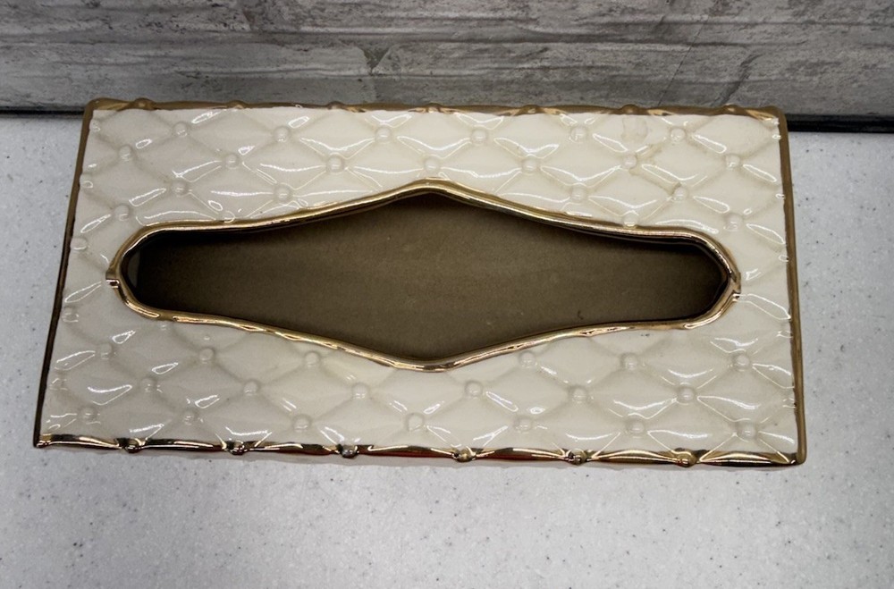 Vintage Ceramic Tissue Box Cover Waffled Quilted Pattern While Gold Trim MCM