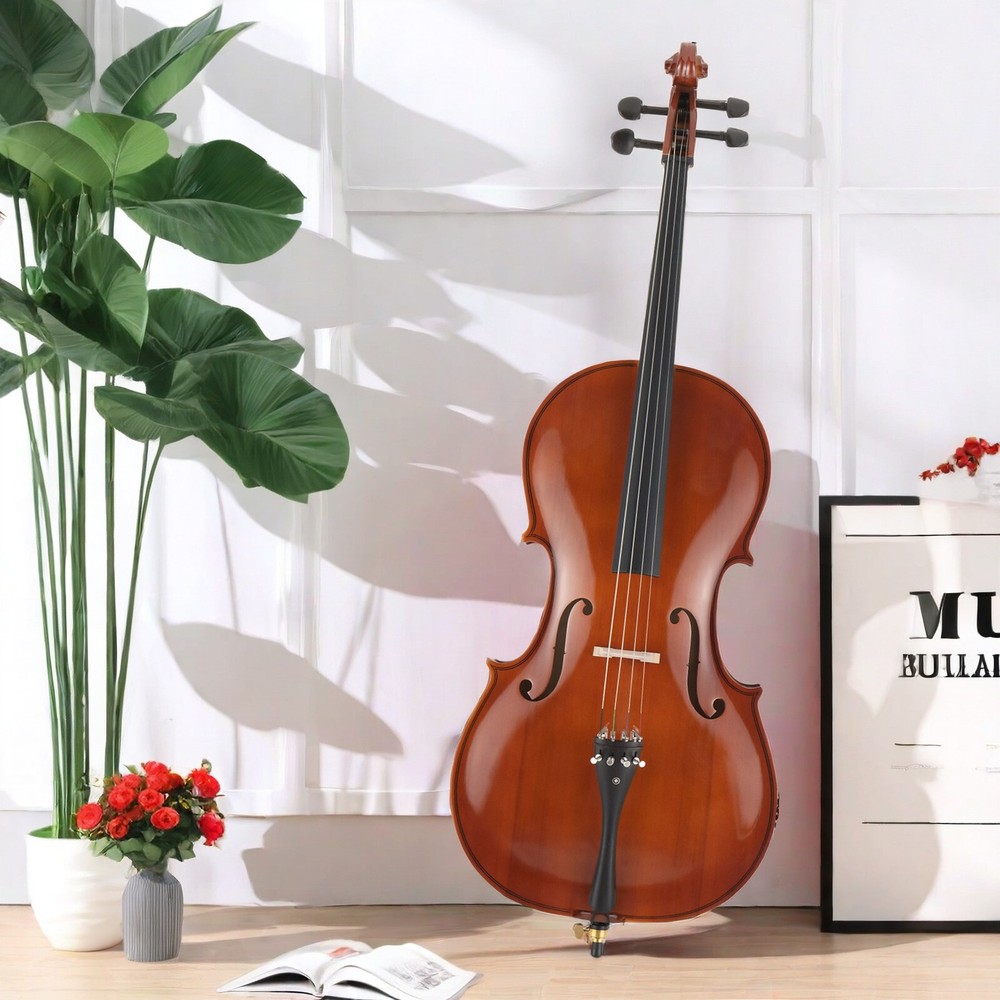 Full Size Natural 4/4 Acoustic Cello Set w/ Spruce Panel & Tiger Pattern Process