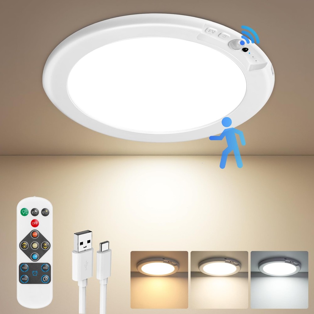 Rechargeable Motion Sensor Ceiling Light with Remote, Battery Operated Ceiling