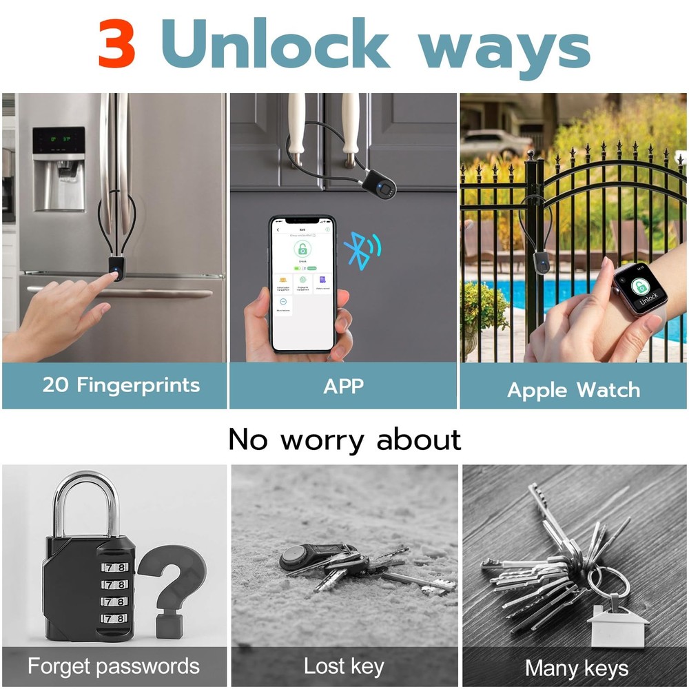 Dhiedas Fingerprint Cable Lock, Fridge Locks with Bluetooth Black