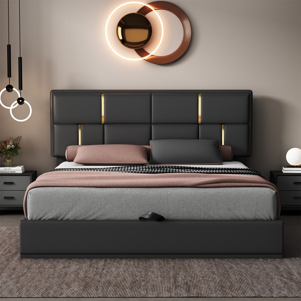Queen Size Upholstered Platform Bed Frame with Hydraulic Storage System US