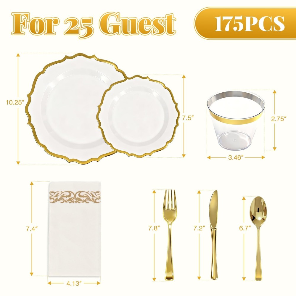 175 Plastic Dinnerware Set,Gold Disposable Dinnerware Set for 25 Guests Inclu...