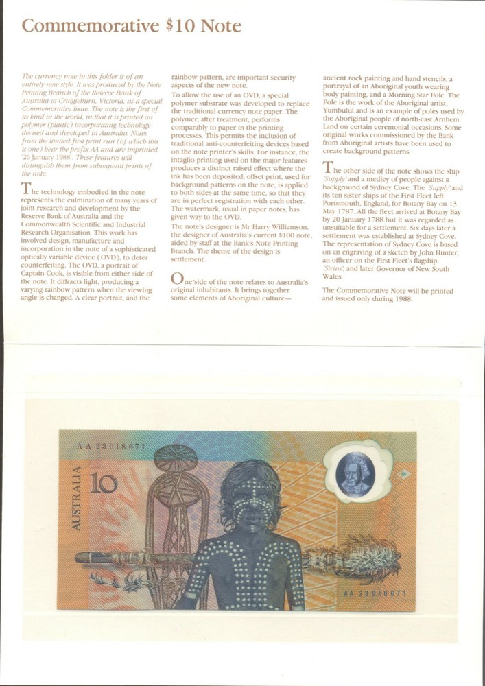 Australia. 1988. last prefix. AA. Commemorative $10 note in folder.
