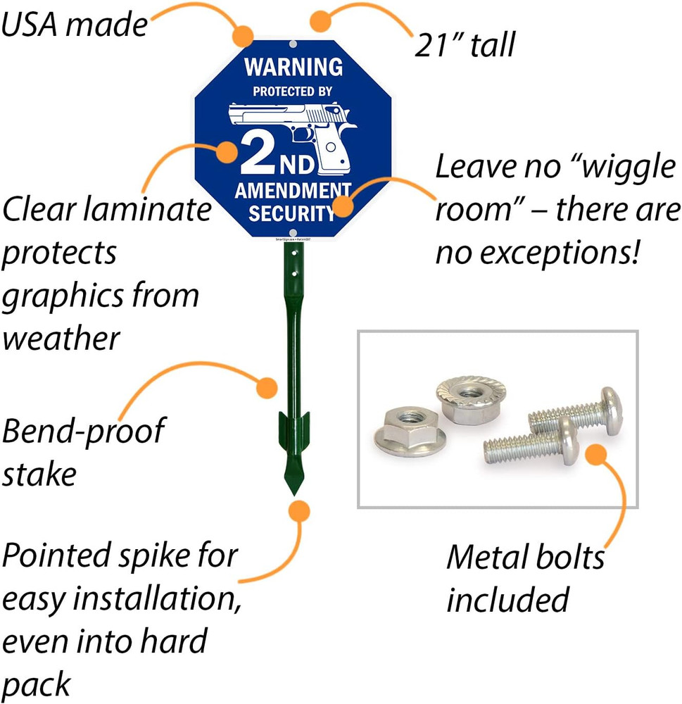 Warning Protected By 2nd Amendment Security Sign 10x10 Reflective Aluminum Stake