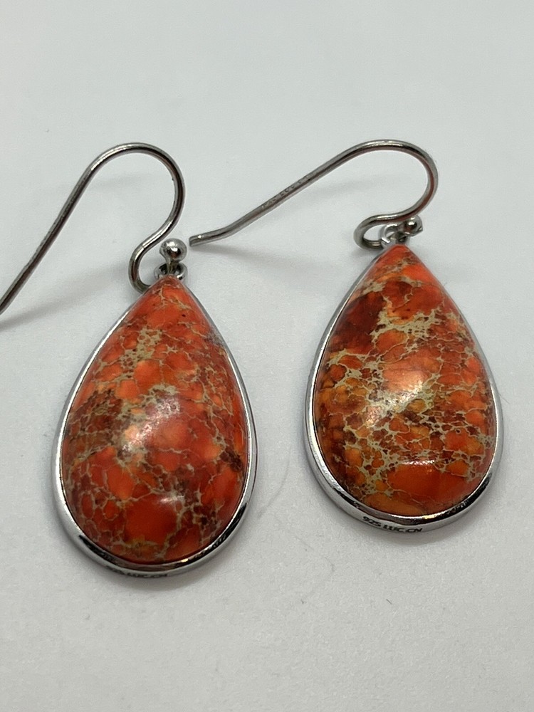 Sterling silver teardrop dangle speckled jasper stone earrings
