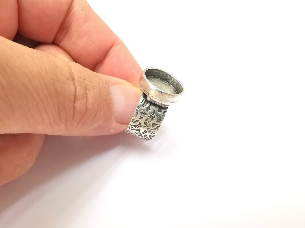Round Antique Silver Ring Blank Setting, Cabochon Mounting Adjustable Resin Ring