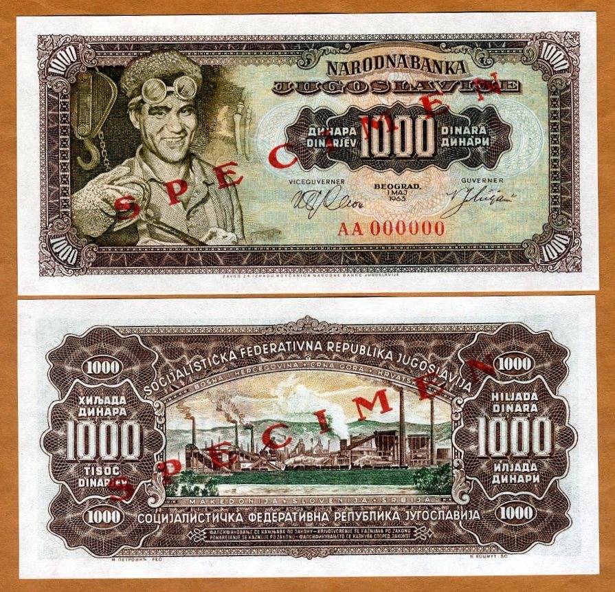 Specimen, Yugoslavia, 1000 dinara, 1963, P-75s, UNC