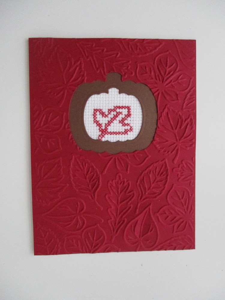 Handmade Greeting Card Cross Stitch Completed Finished Leaf