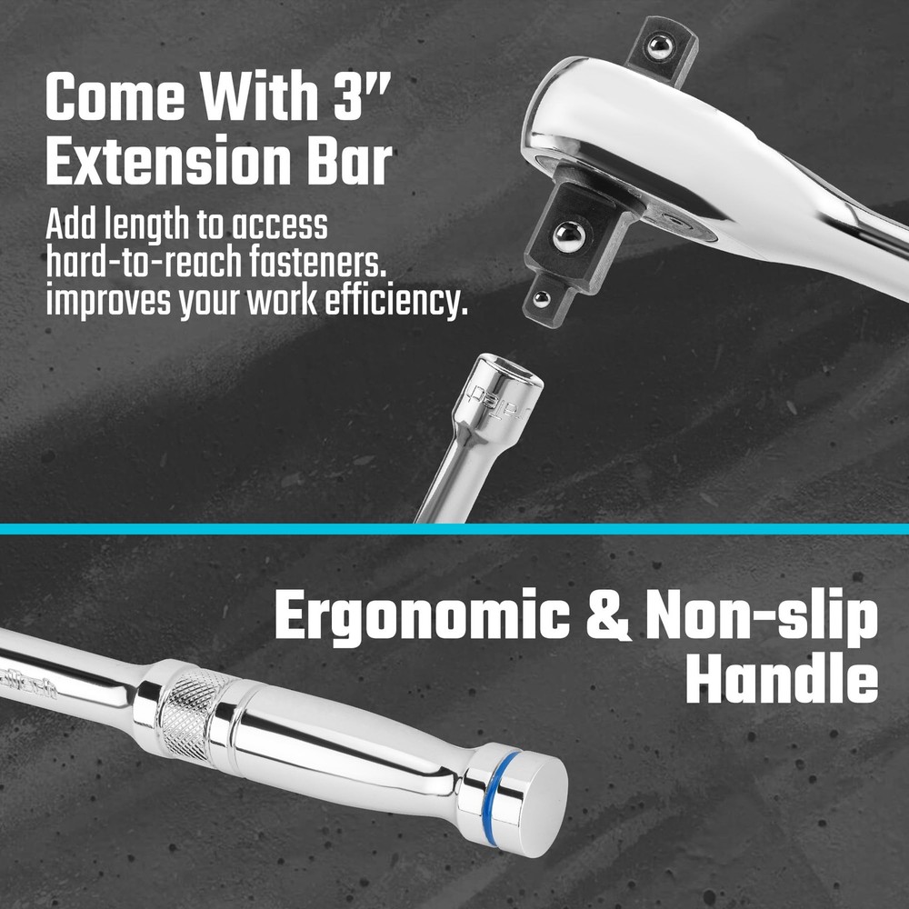 DURATECH Ratchet Set, 3-IN-1 Handle, with 2 Extension Bars, Silver