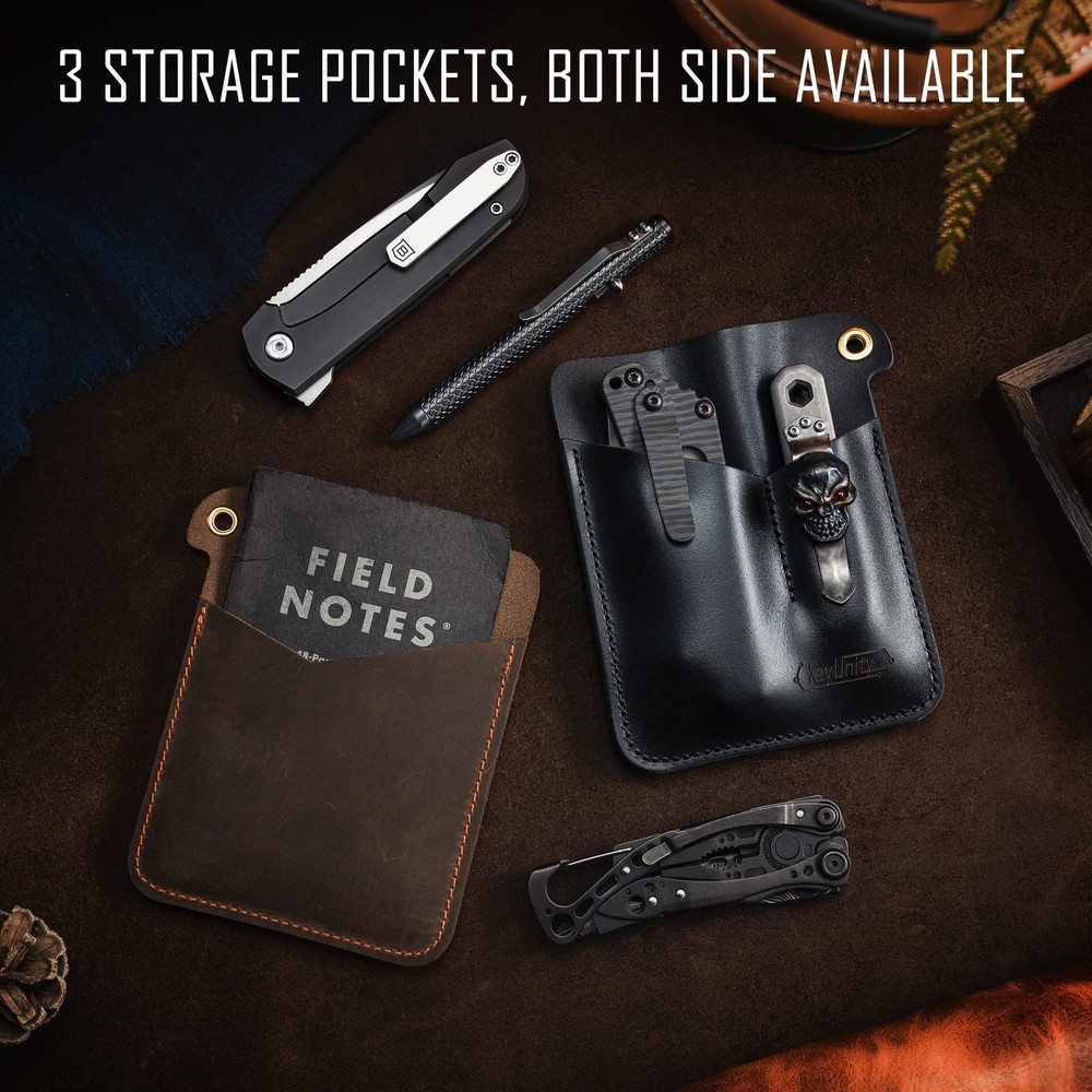KL01 Leather Pocket Organizer with 3 Pouch, EDC Multitool Sheath for Notebook...