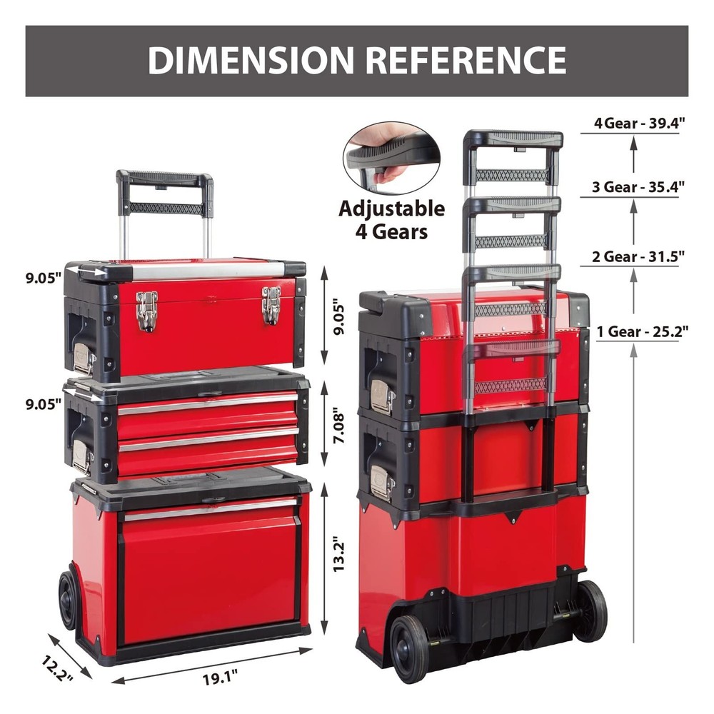 BIG RED Stackable Portable Metal Tool Box Organizer with Wheels, 2 Drawers,Red