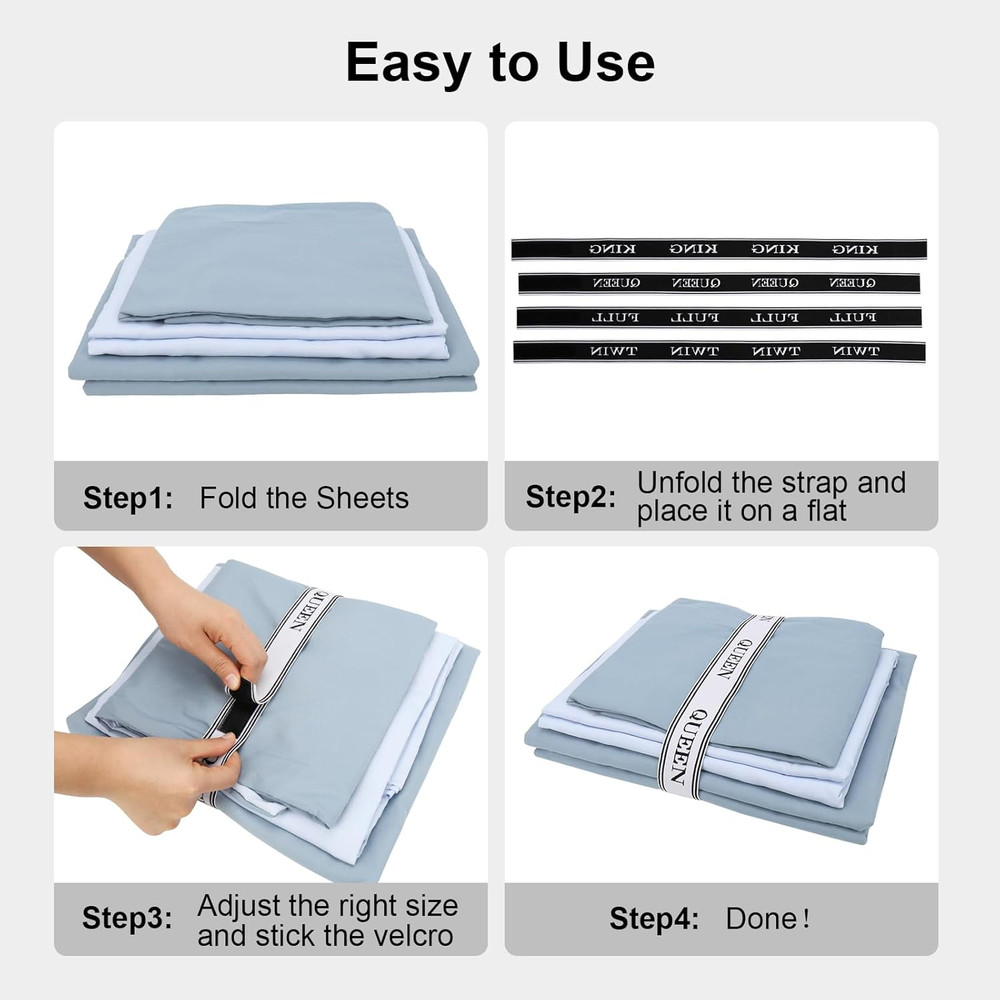 Adjustable Bed Sheet Organizer Bands with Storage Labels - 4 Pack for Full Size
